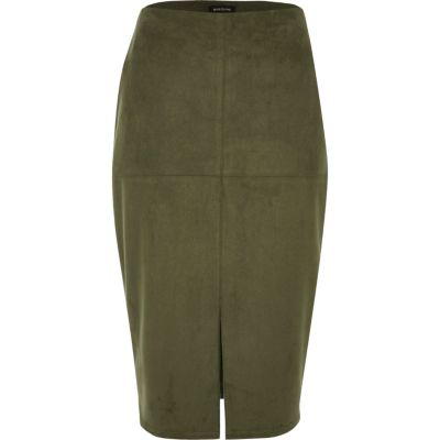 Khaki green faux suede pencil skirt